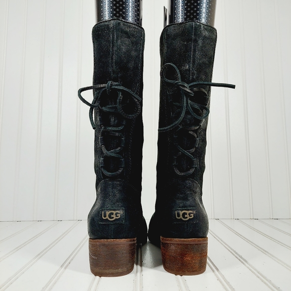 UGG Cary Black Nubuck Leather Back Lace Block Heel Mid Calf Boots D1018 - Picture 6 of 12